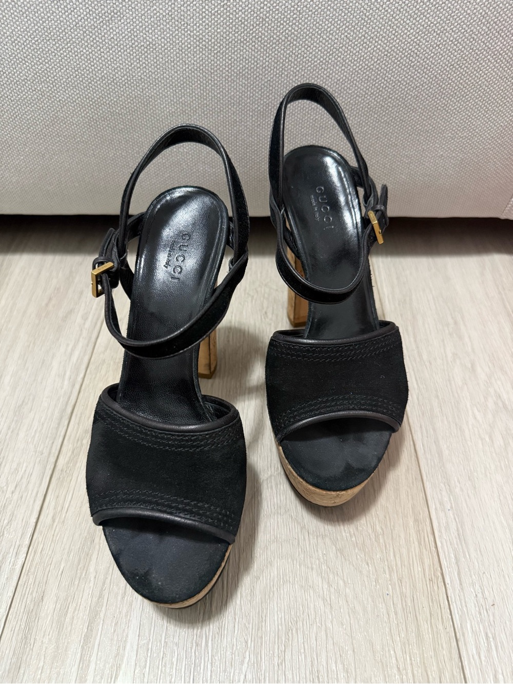 Gucci Black Suede Cork Platform Slingback Heels - Picture 2 of 7